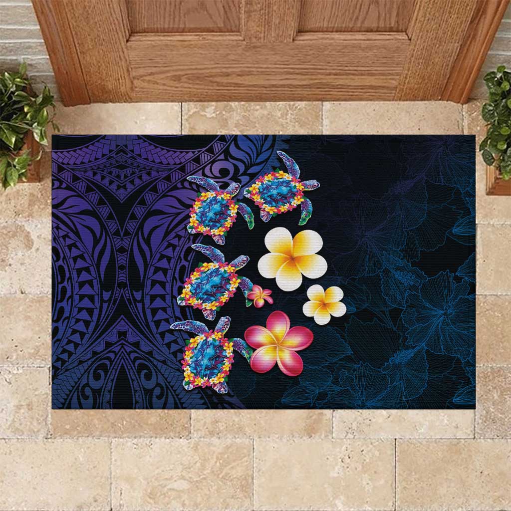 Hawaiian Turtles and Plumeria Rubber Doormat Polynesian Art Tribal Tattoo Dark Aqua Color