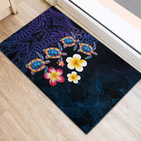 Hawaiian Turtles and Plumeria Rubber Doormat Polynesian Art Tribal Tattoo Dark Aqua Color