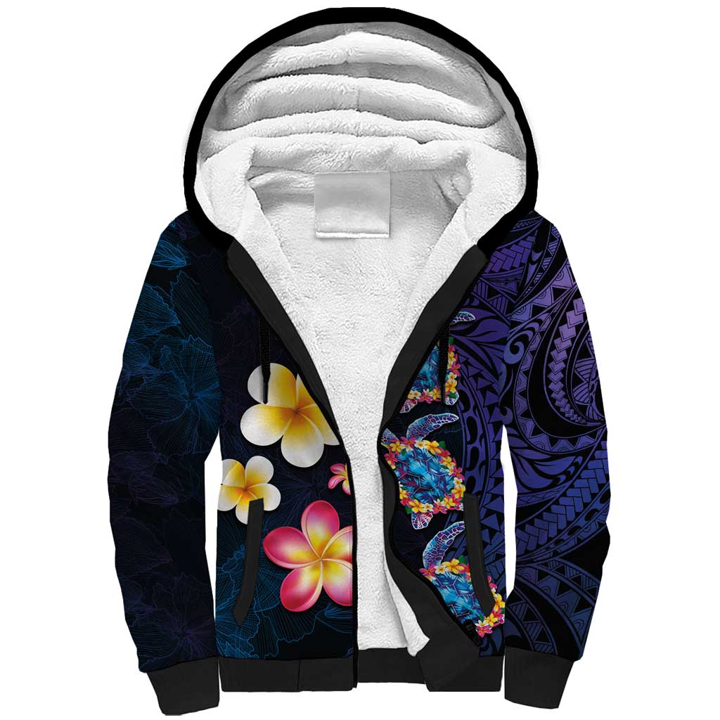 Hawaiian Turtles and Plumeria Sherpa Hoodie Polynesian Art Tribal Tattoo Dark Aqua Color
