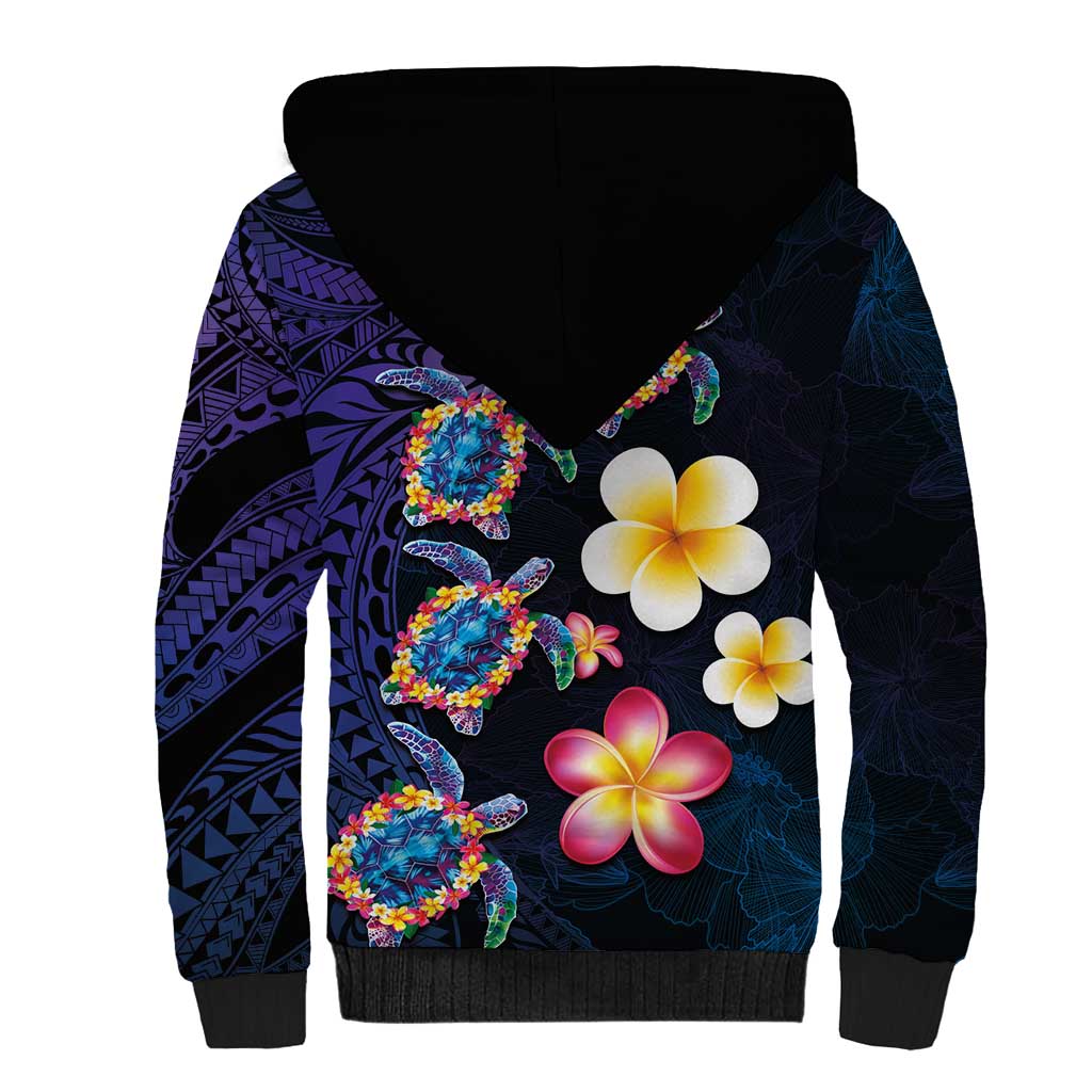 Hawaiian Turtles and Plumeria Sherpa Hoodie Polynesian Art Tribal Tattoo Dark Aqua Color