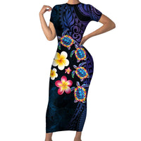Hawaiian Turtles and Plumeria Short Sleeve Bodycon Dress Polynesian Art Tribal Tattoo Dark Aqua Color LT03 Long Dress Blue - Polynesian Pride