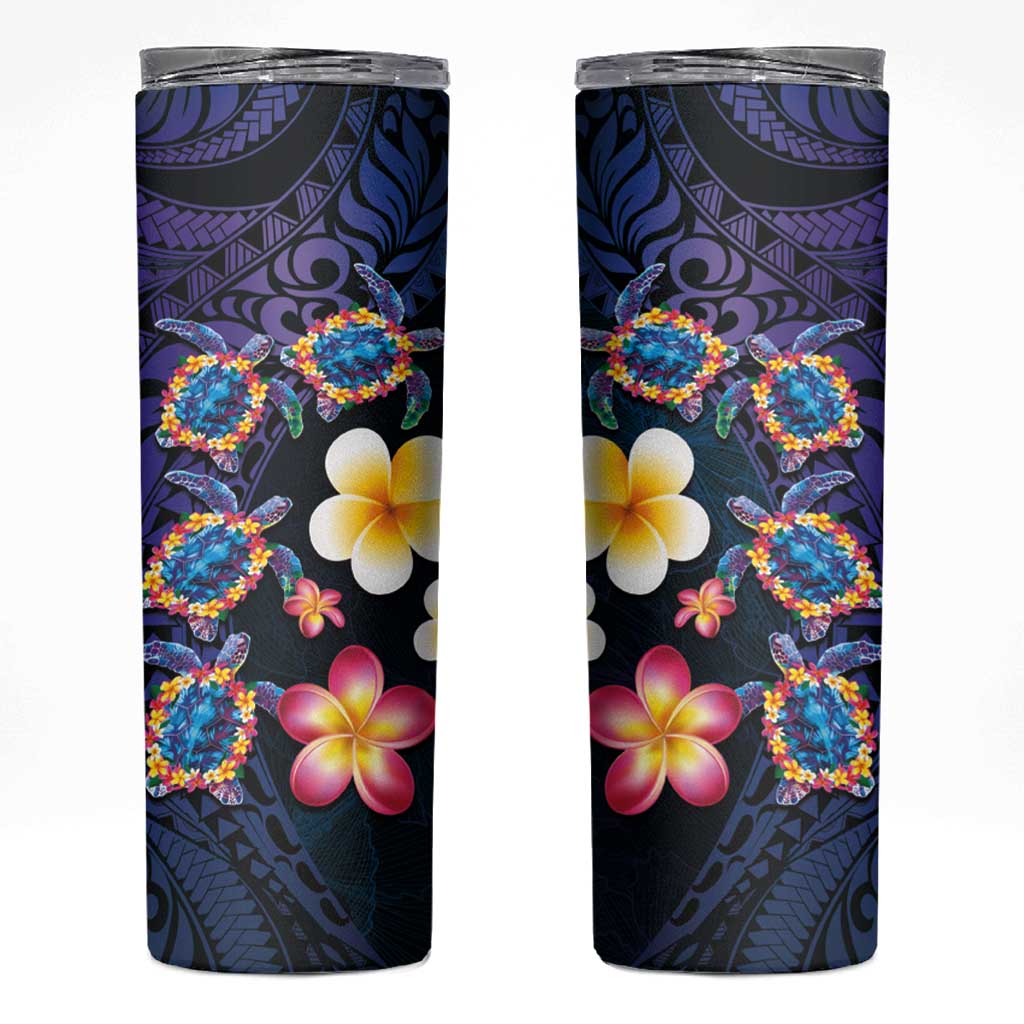 Hawaiian Turtles and Plumeria Skinny Tumbler Polynesian Art Tribal Tattoo Dark Aqua Color