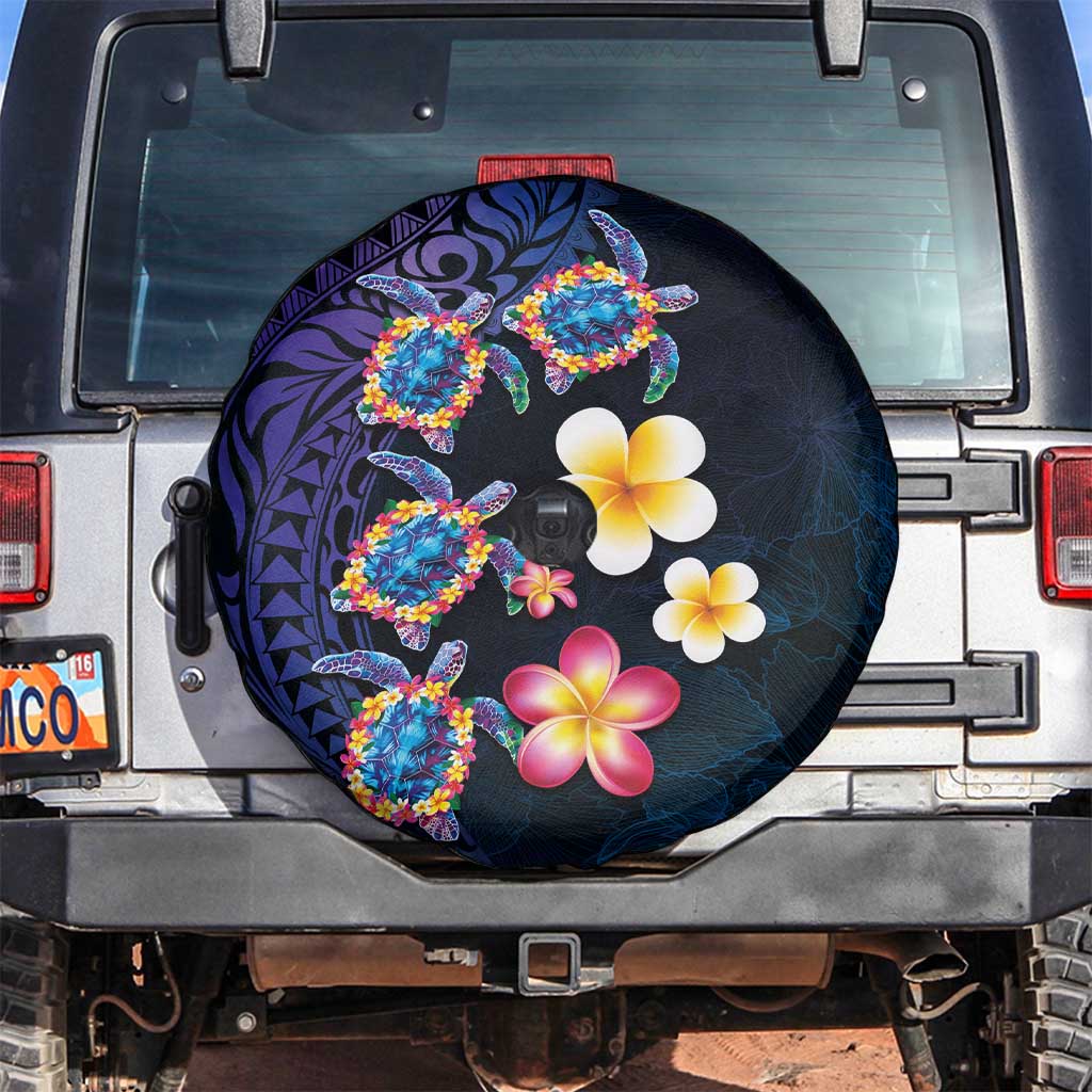 Hawaiian Turtles and Plumeria Spare Tire Cover Polynesian Art Tribal Tattoo Dark Aqua Color