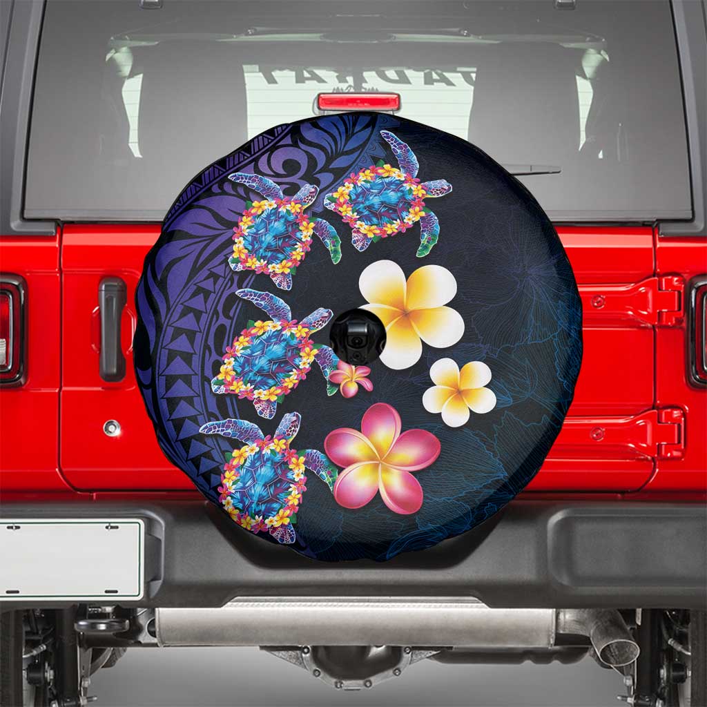 Hawaiian Turtles and Plumeria Spare Tire Cover Polynesian Art Tribal Tattoo Dark Aqua Color
