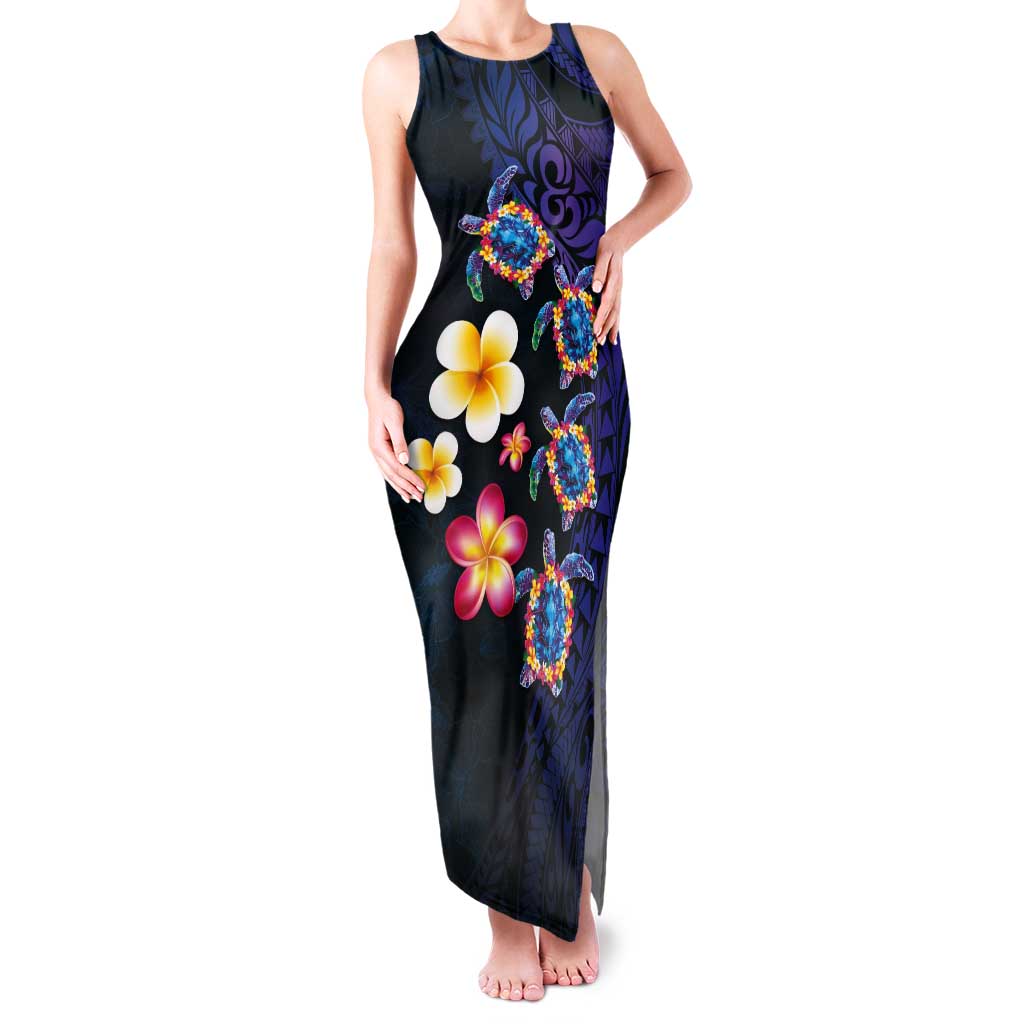 Hawaiian Turtles and Plumeria Tank Maxi Dress Polynesian Art Tribal Tattoo Dark Aqua Color LT03 Women Blue - Polynesian Pride
