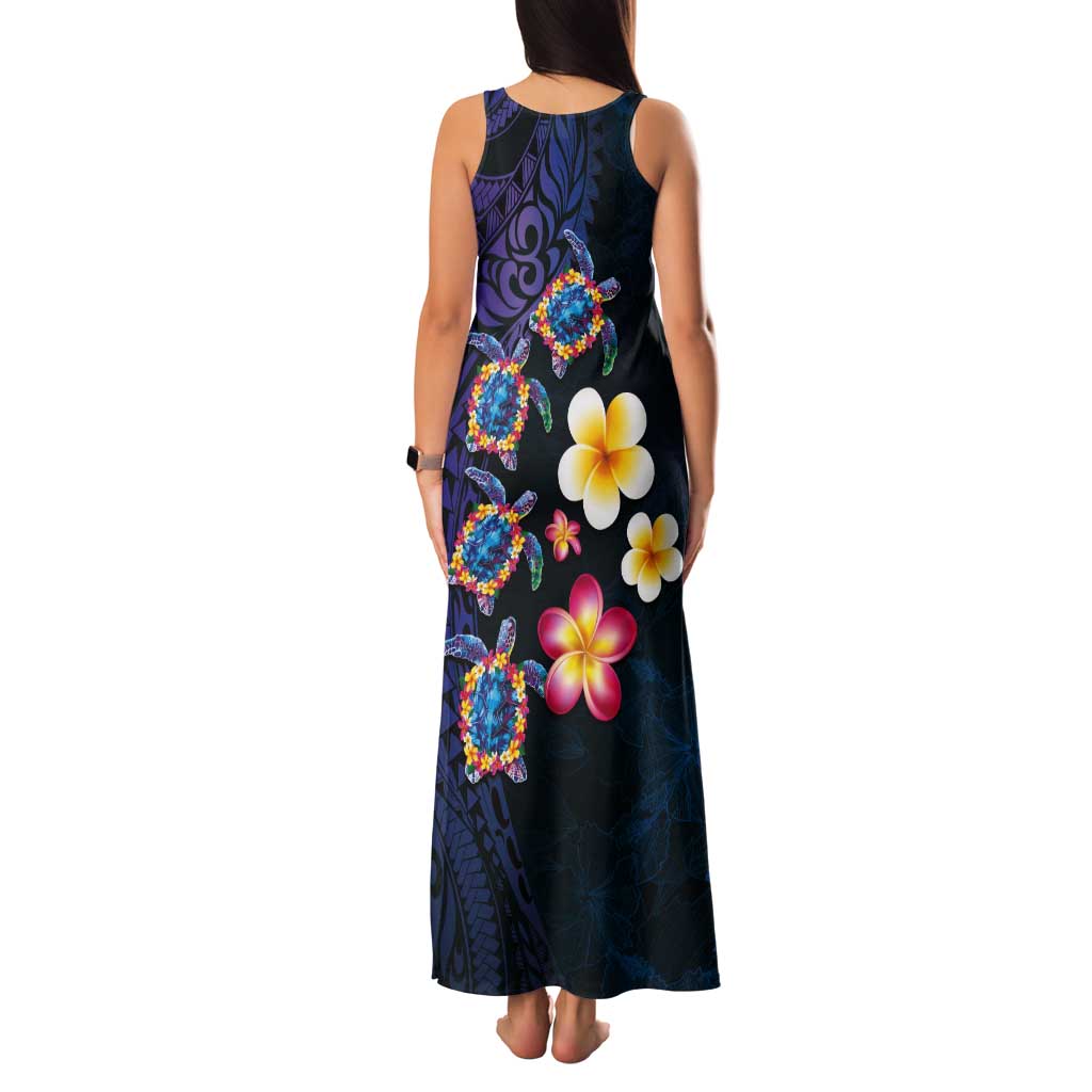 Hawaiian Turtles and Plumeria Tank Maxi Dress Polynesian Art Tribal Tattoo Dark Aqua Color LT03 - Polynesian Pride