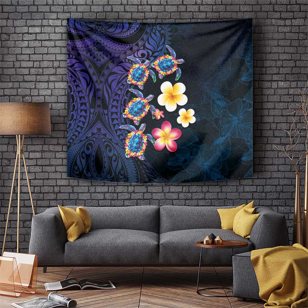 Hawaiian Turtles and Plumeria Tapestry Polynesian Art Tribal Tattoo Dark Aqua Color