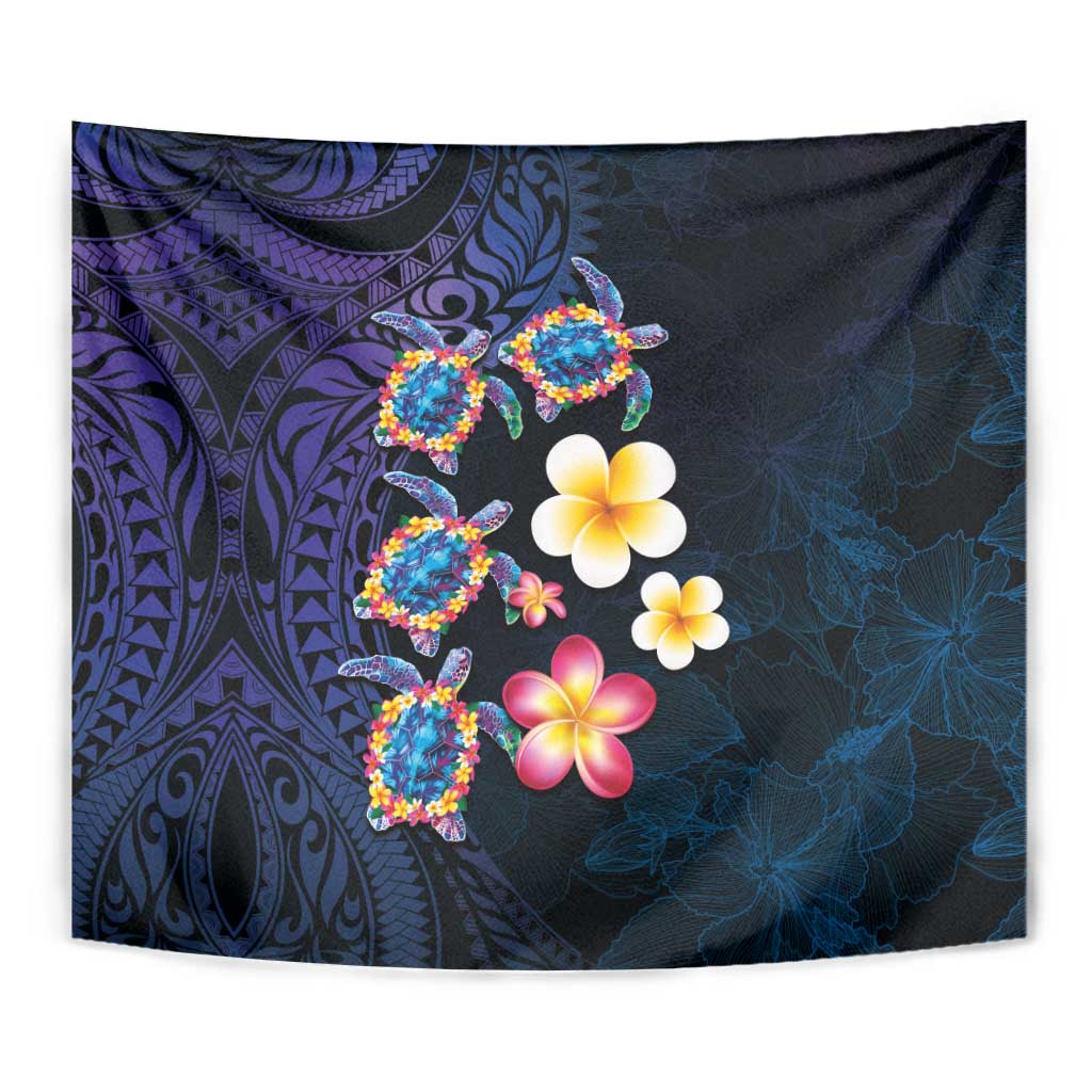 Hawaiian Turtles and Plumeria Tapestry Polynesian Art Tribal Tattoo Dark Aqua Color