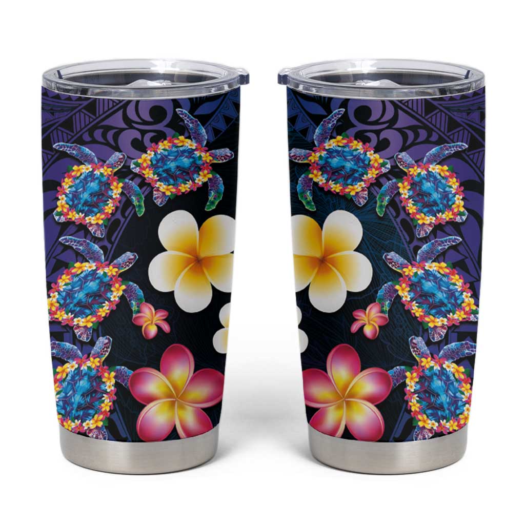 Hawaiian Turtles and Plumeria Tumbler Cup Polynesian Art Tribal Tattoo Dark Aqua Color