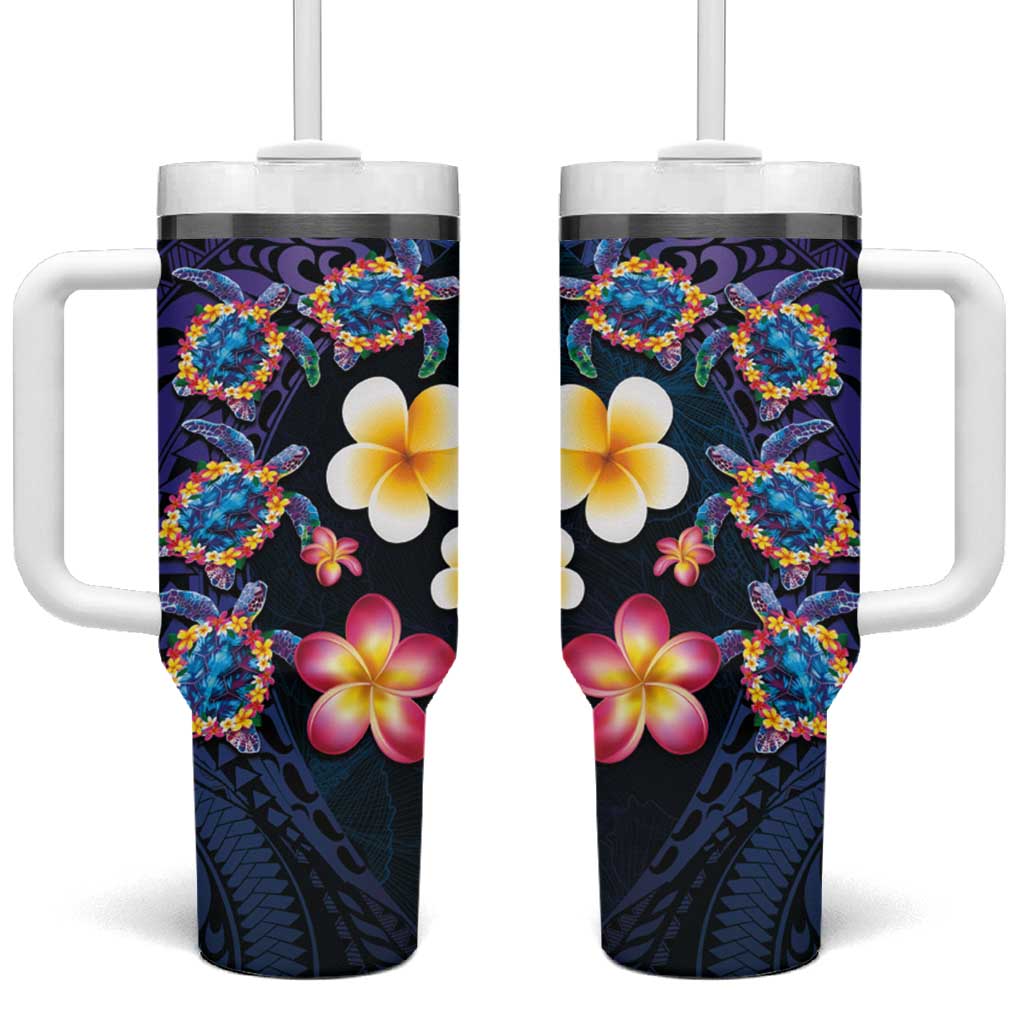 Hawaiian Turtles and Plumeria Tumbler With Handle Polynesian Art Tribal Tattoo Dark Aqua Color