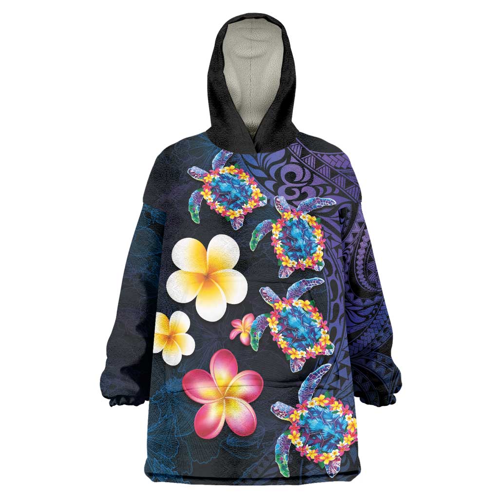 Hawaiian Turtles and Plumeria Wearable Blanket Hoodie Polynesian Art Tribal Tattoo Dark Aqua Color