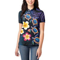 Hawaiian Turtles and Plumeria Women Polo Shirt Polynesian Art Tribal Tattoo Dark Aqua Color LT03 - Polynesian Pride