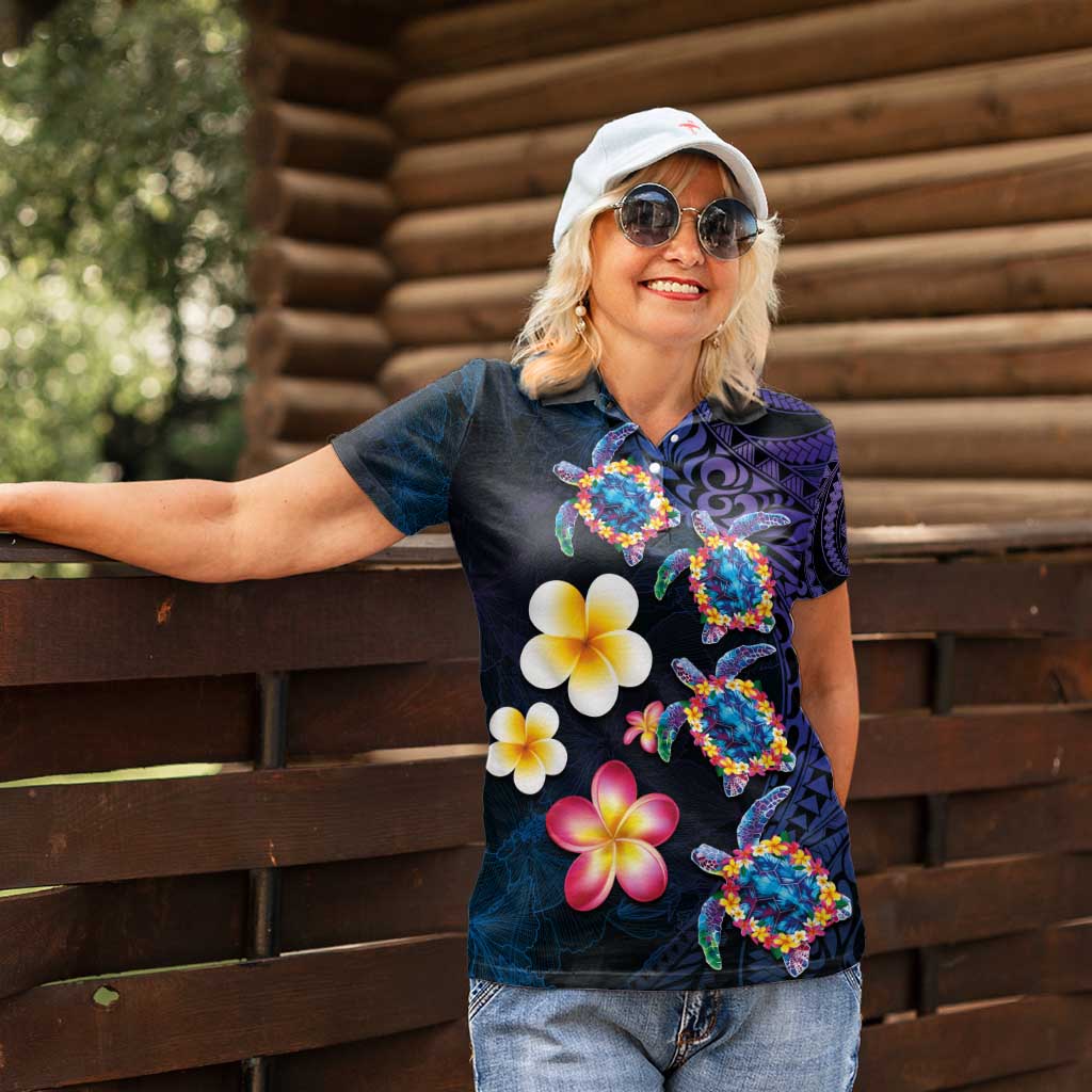 Hawaiian Turtles and Plumeria Women Polo Shirt Polynesian Art Tribal Tattoo Dark Aqua Color LT03 - Polynesian Pride