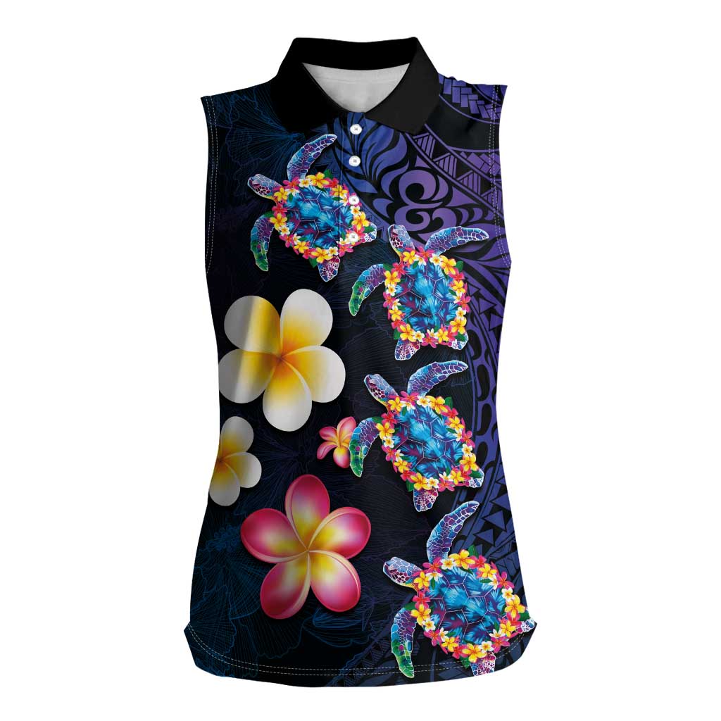 Hawaiian Turtles and Plumeria Women Sleeveless Polo Shirt Polynesian Art Tribal Tattoo Dark Aqua Color LT03 Female Blue - Polynesian Pride
