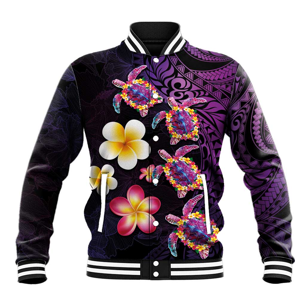 Hawaiian Turtles and Plumeria Baseball Jacket Polynesian Art Tribal Tattoo Deep Violet Color