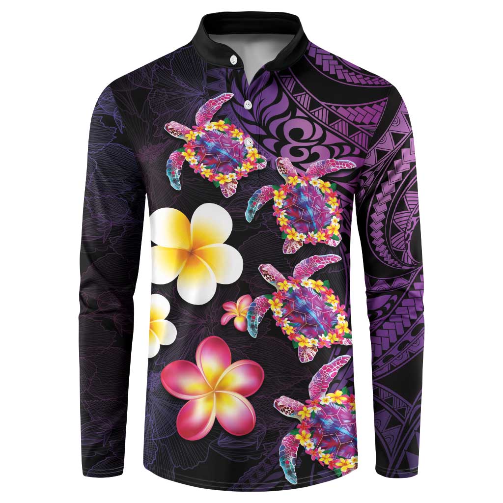 Hawaiian Turtles and Plumeria Button Sweatshirt Polynesian Art Tribal Tattoo Deep Violet Color