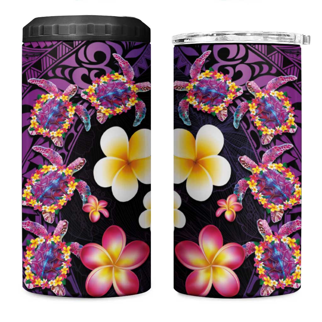 Hawaiian Turtles and Plumeria 4 in 1 Can Cooler Tumbler Polynesian Art Tribal Tattoo Deep Violet Color