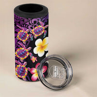 Hawaiian Turtles and Plumeria 4 in 1 Can Cooler Tumbler Polynesian Art Tribal Tattoo Deep Violet Color