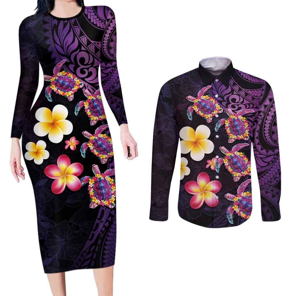 Hawaiian Turtles and Plumeria Couples Matching Long Sleeve Bodycon Dress and Long Sleeve Button Shirt Polynesian Art Tribal Tattoo Deep Violet Color