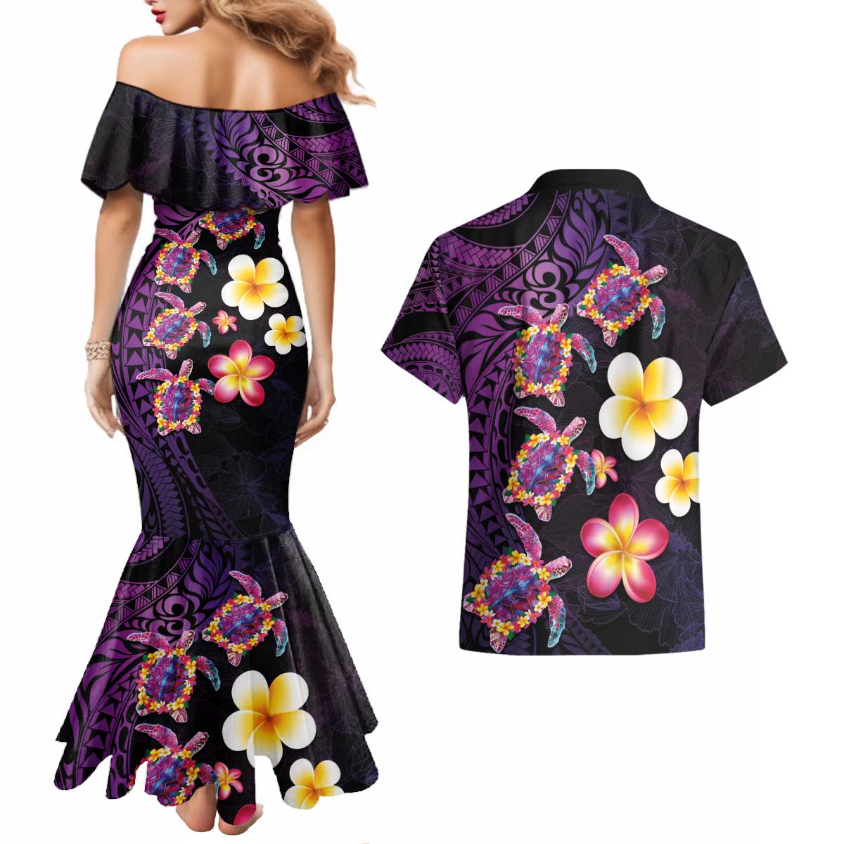 Hawaiian Turtles and Plumeria Couples Matching Mermaid Dress and Hawaiian Shirt Polynesian Art Tribal Tattoo Deep Violet Color