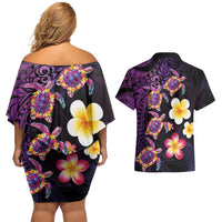 Hawaiian Turtles and Plumeria Couples Matching Off Shoulder Short Dress and Hawaiian Shirt Polynesian Art Tribal Tattoo Deep Violet Color