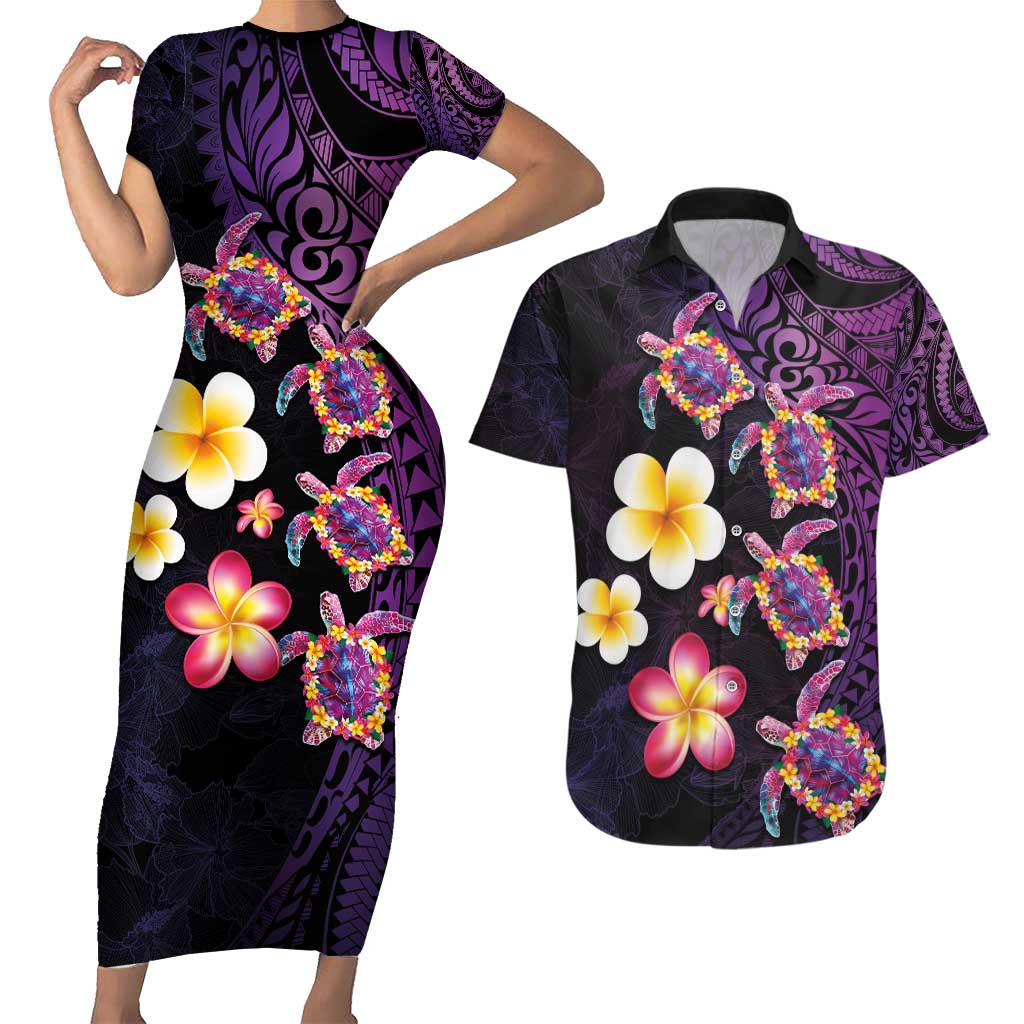 Hawaiian Turtles and Plumeria Couples Matching Short Sleeve Bodycon Dress and Hawaiian Shirt Polynesian Art Tribal Tattoo Deep Violet Color