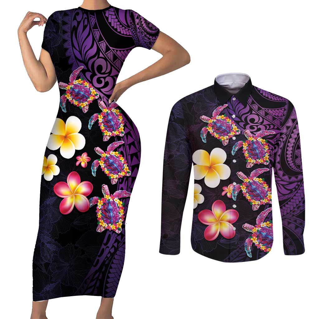 Hawaiian Turtles and Plumeria Couples Matching Short Sleeve Bodycon Dress and Long Sleeve Button Shirt Polynesian Art Tribal Tattoo Deep Violet Color