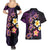 Hawaiian Turtles and Plumeria Couples Matching Summer Maxi Dress and Hawaiian Shirt Polynesian Art Tribal Tattoo Deep Violet Color
