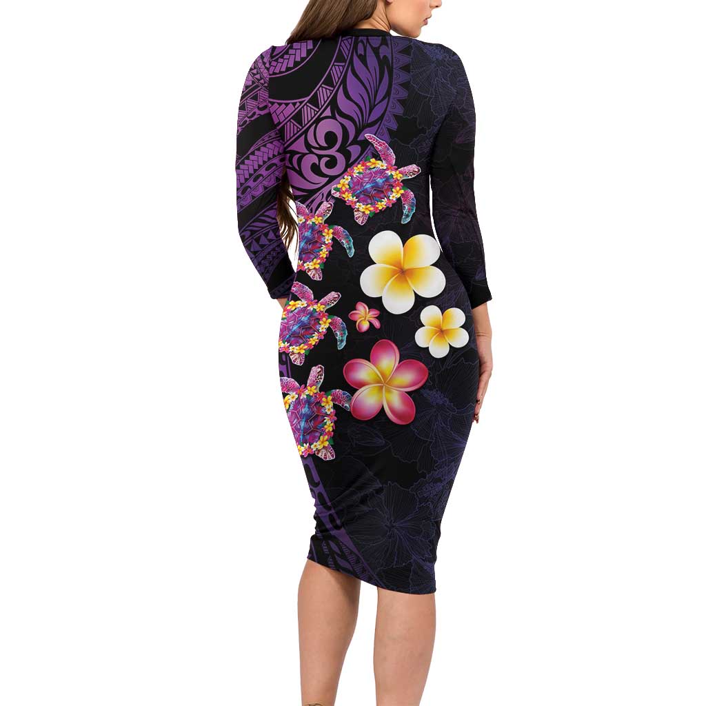 Hawaiian Turtles and Plumeria Family Matching Long Sleeve Bodycon Dress and Hawaiian Shirt Polynesian Art Tribal Tattoo Deep Violet Color