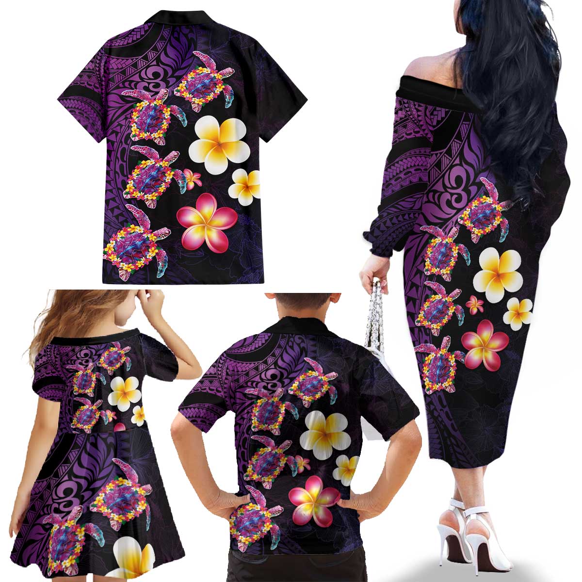 Hawaiian Turtles and Plumeria Family Matching Off The Shoulder Long Sleeve Dress and Hawaiian Shirt Polynesian Art Tribal Tattoo Deep Violet Color