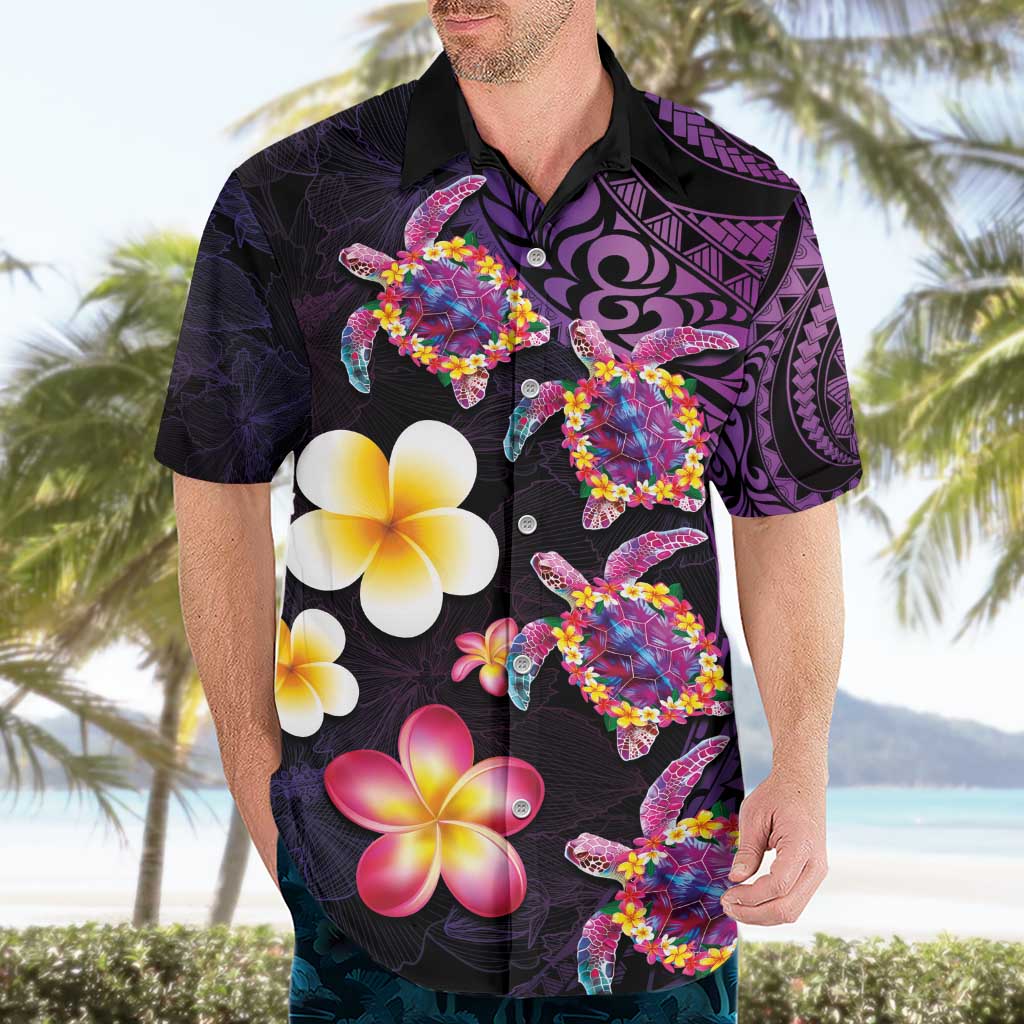 Hawaiian Turtles and Plumeria Hawaiian Shirt Polynesian Art Tribal Tattoo Deep Violet Color