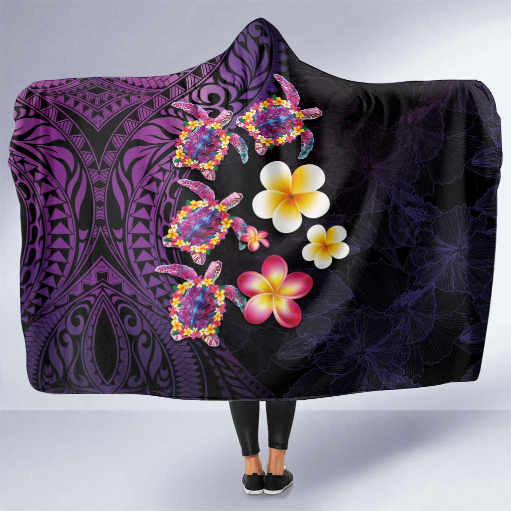 Hawaiian Turtles and Plumeria Hooded Blanket Polynesian Art Tribal Tattoo Deep Violet Color