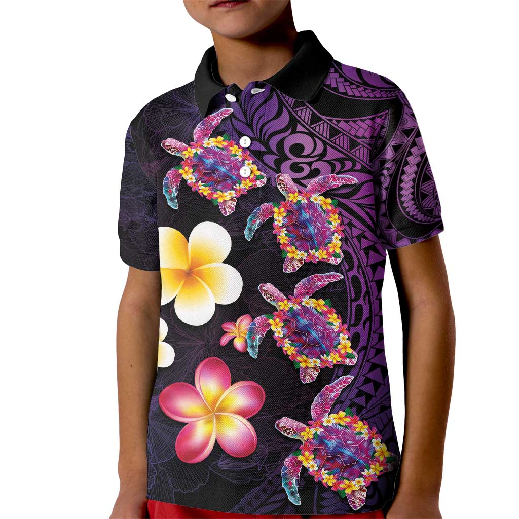 Hawaiian Turtles and Plumeria Kid Polo Shirt Polynesian Art Tribal Tattoo Deep Violet Color