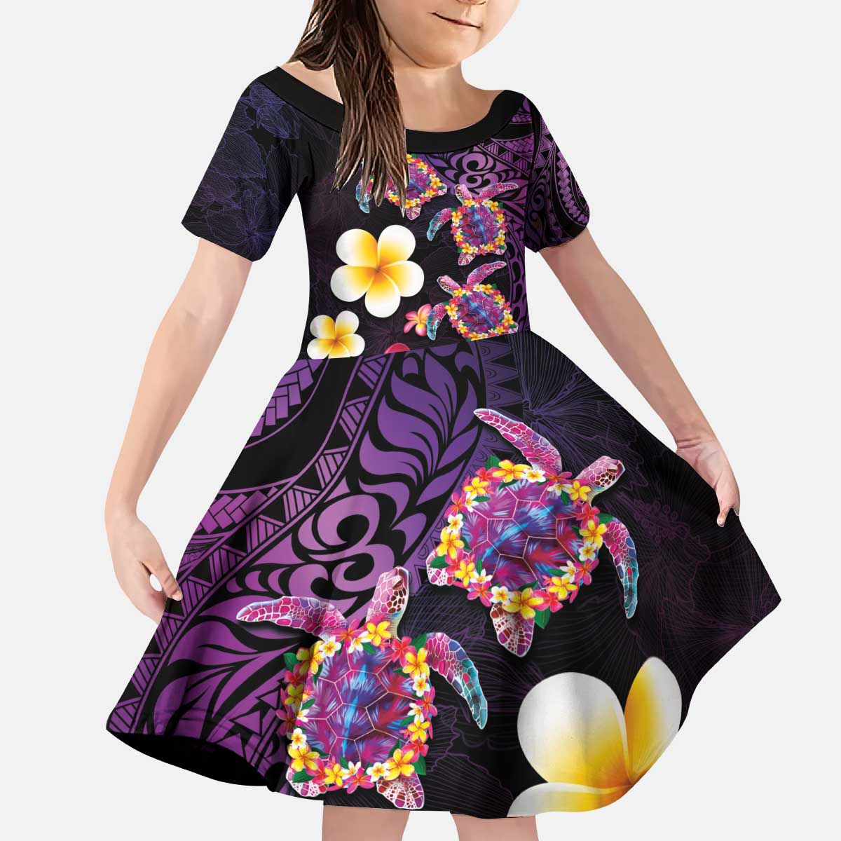 Hawaiian Turtles and Plumeria Kid Short Sleeve Dress Polynesian Art Tribal Tattoo Deep Violet Color