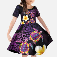 Hawaiian Turtles and Plumeria Kid Short Sleeve Dress Polynesian Art Tribal Tattoo Deep Violet Color LT03 KID Purple - Polynesian Pride