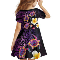Hawaiian Turtles and Plumeria Kid Short Sleeve Dress Polynesian Art Tribal Tattoo Deep Violet Color LT03 - Polynesian Pride
