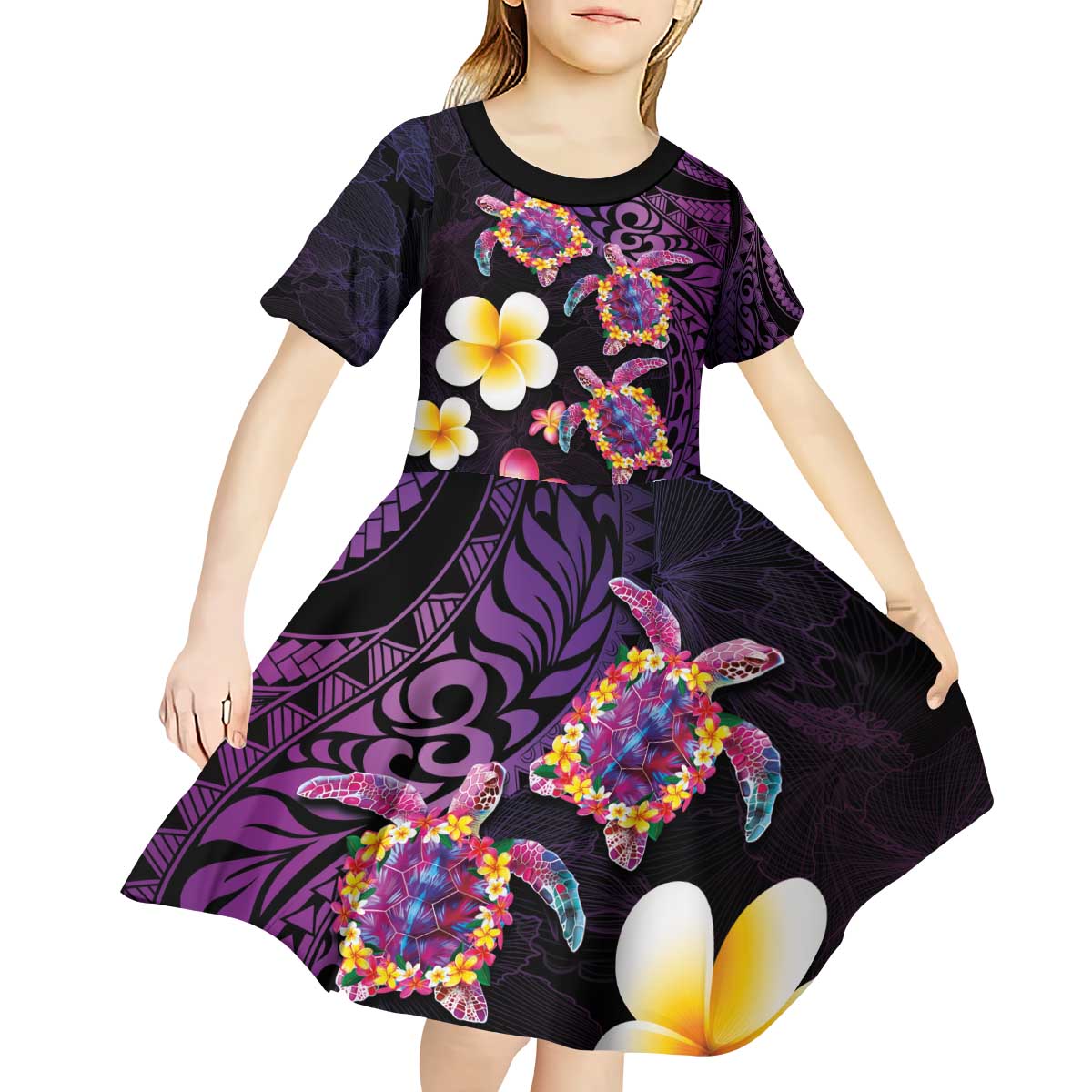 Hawaiian Turtles and Plumeria Kid Short Sleeve Dress Polynesian Art Tribal Tattoo Deep Violet Color LT03 - Polynesian Pride
