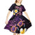 Hawaiian Turtles and Plumeria Kid Short Sleeve Dress Polynesian Art Tribal Tattoo Deep Violet Color