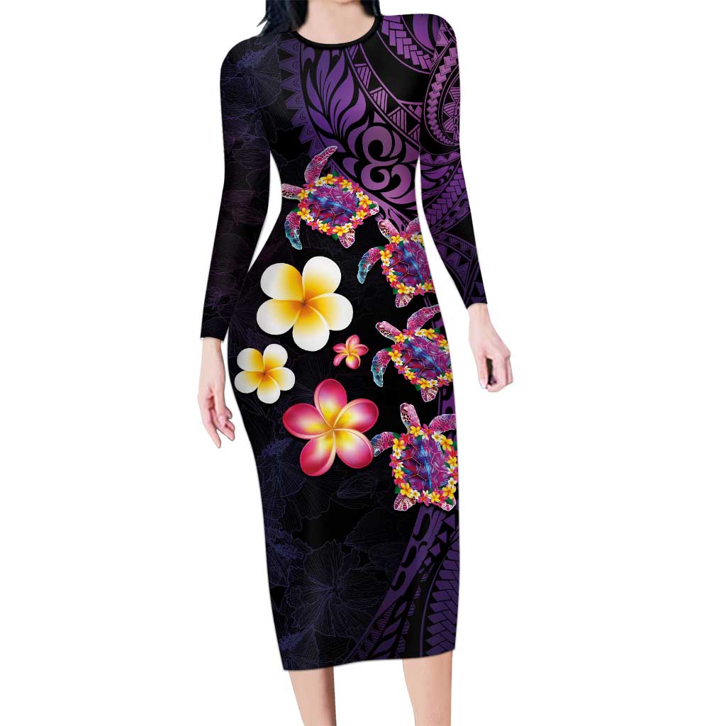 Hawaiian Turtles and Plumeria Long Sleeve Bodycon Dress Polynesian Art Tribal Tattoo Deep Violet Color LT03 Long Dress Purple - Polynesian Pride