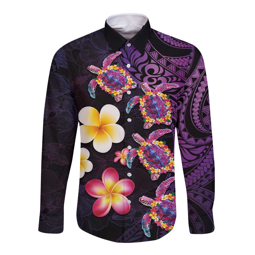 Hawaiian Turtles and Plumeria Long Sleeve Button Shirt Polynesian Art Tribal Tattoo Deep Violet Color