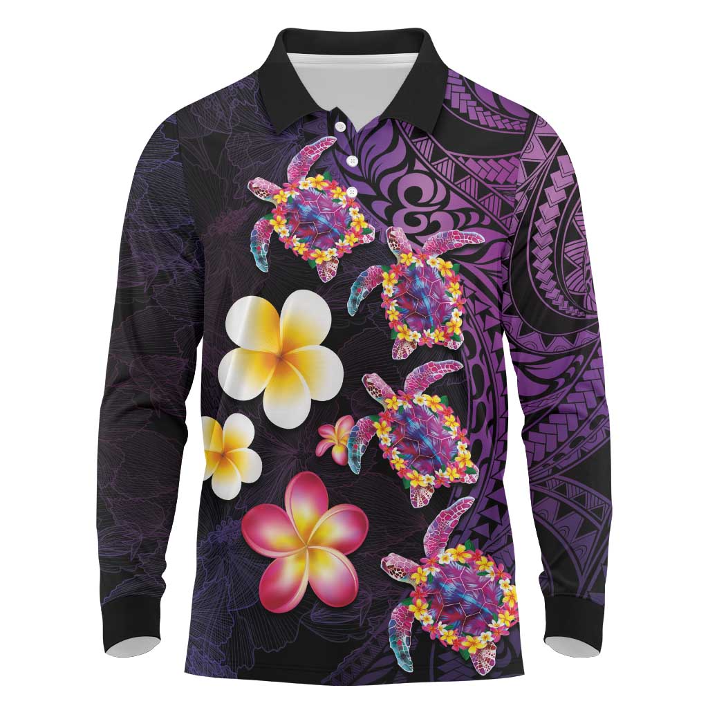 Hawaiian Turtles and Plumeria Long Sleeve Polo Shirt Polynesian Art Tribal Tattoo Deep Violet Color LT03 Purple - Polynesian Pride