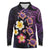 Hawaiian Turtles and Plumeria Long Sleeve Polo Shirt Polynesian Art Tribal Tattoo Deep Violet Color