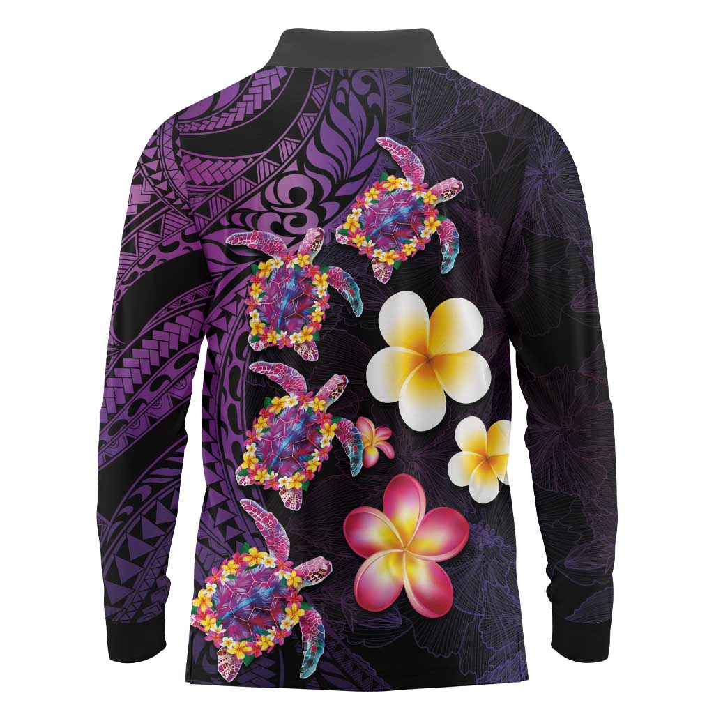 Hawaiian Turtles and Plumeria Long Sleeve Polo Shirt Polynesian Art Tribal Tattoo Deep Violet Color LT03 - Polynesian Pride
