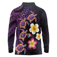 Hawaiian Turtles and Plumeria Long Sleeve Polo Shirt Polynesian Art Tribal Tattoo Deep Violet Color LT03 - Polynesian Pride