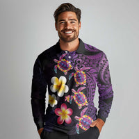 Hawaiian Turtles and Plumeria Long Sleeve Polo Shirt Polynesian Art Tribal Tattoo Deep Violet Color LT03 - Polynesian Pride