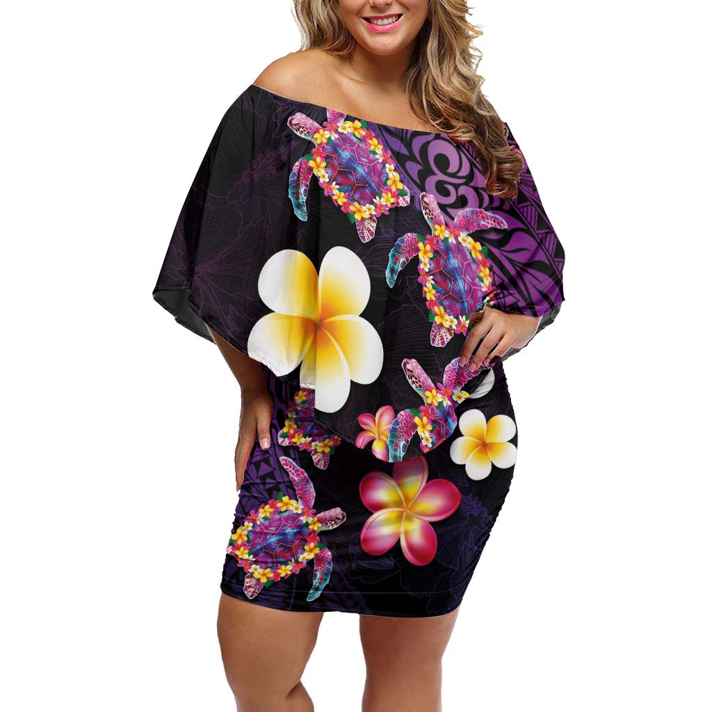 Hawaiian Turtles and Plumeria Off Shoulder Short Dress Polynesian Art Tribal Tattoo Deep Violet Color