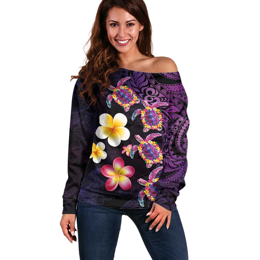 Hawaiian Turtles and Plumeria Off Shoulder Sweater Polynesian Art Tribal Tattoo Deep Violet Color