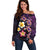 Hawaiian Turtles and Plumeria Off Shoulder Sweater Polynesian Art Tribal Tattoo Deep Violet Color