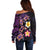 Hawaiian Turtles and Plumeria Off Shoulder Sweater Polynesian Art Tribal Tattoo Deep Violet Color