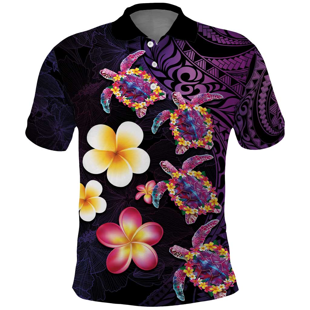 Hawaiian Turtles and Plumeria Polo Shirt Polynesian Art Tribal Tattoo Deep Violet Color